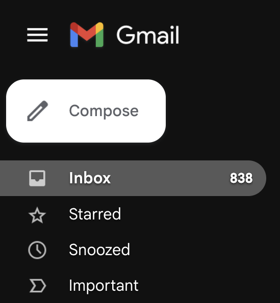 Gmail inbox showing 838 unread emails